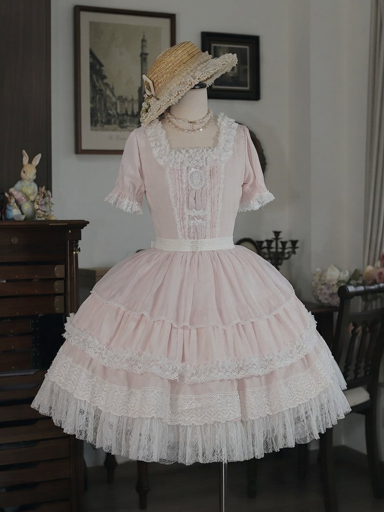 Light Pink Lace OP Dress with Bow Detail - Tiny Garden