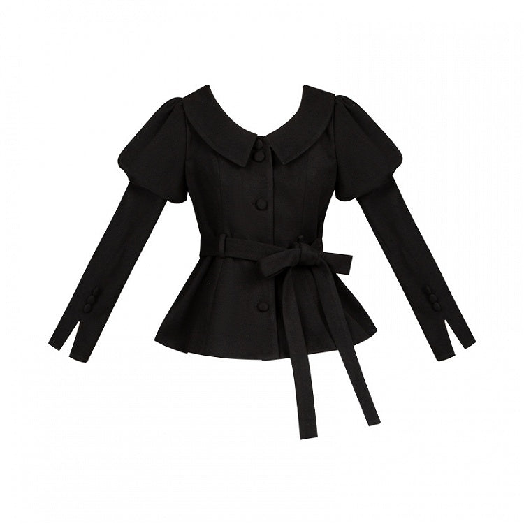 ブラック ジュリエットスリーブ ラウンドフラットカラー ロングスリーブコート