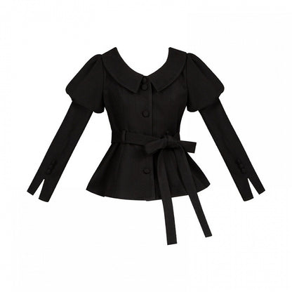 ブラック ジュリエットスリーブ ラウンドフラットカラー ロングスリーブコート