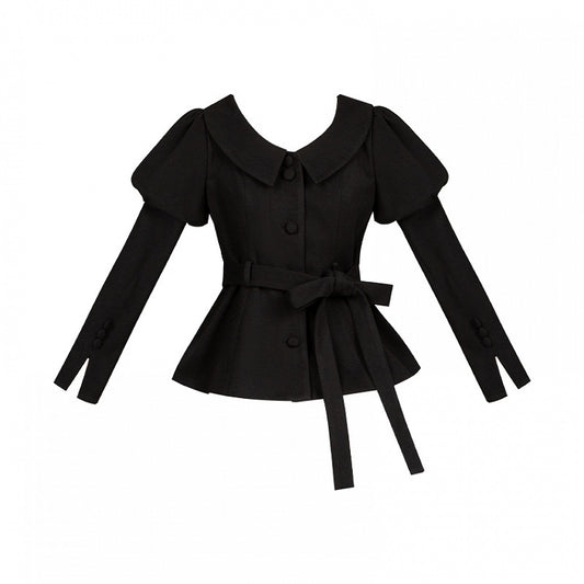 ブラック ジュリエットスリーブ ラウンドフラットカラー ロングスリーブコート