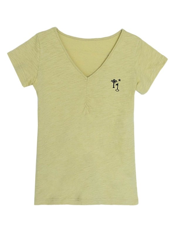 Light Green Cotton V-Neck Tee with Key Embroidery - innomoood