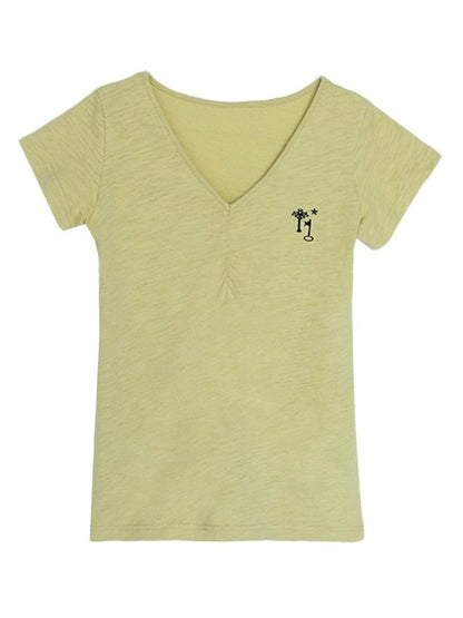 Light Green Cotton V-Neck Tee with Key Embroidery - innomoood