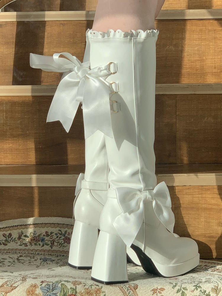 Boots Knee-high Lolita Elegant Heel Trim White 9cm PU with Scalloped