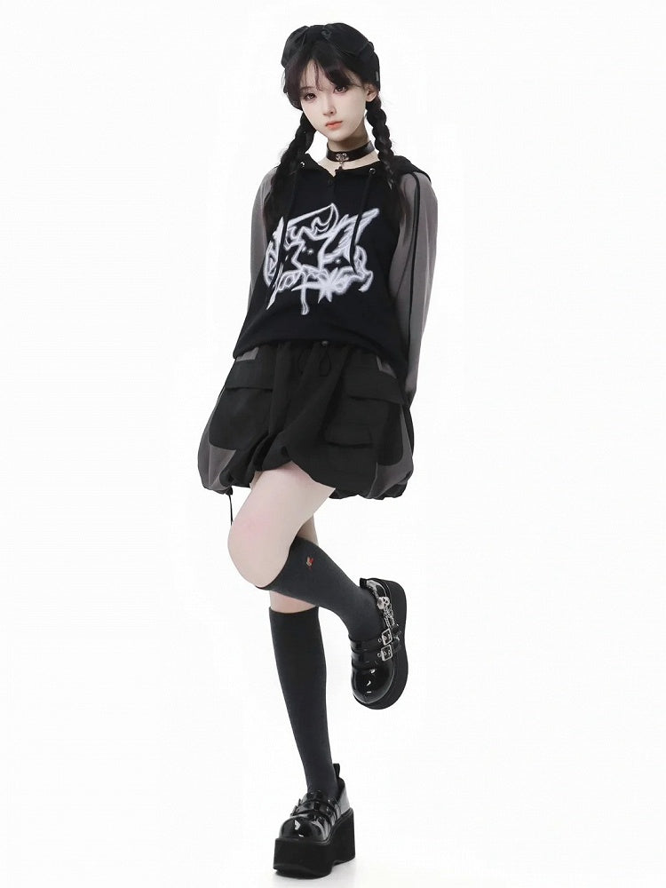 Hoodie Print Gray Colorblock Design and Star Loose Black