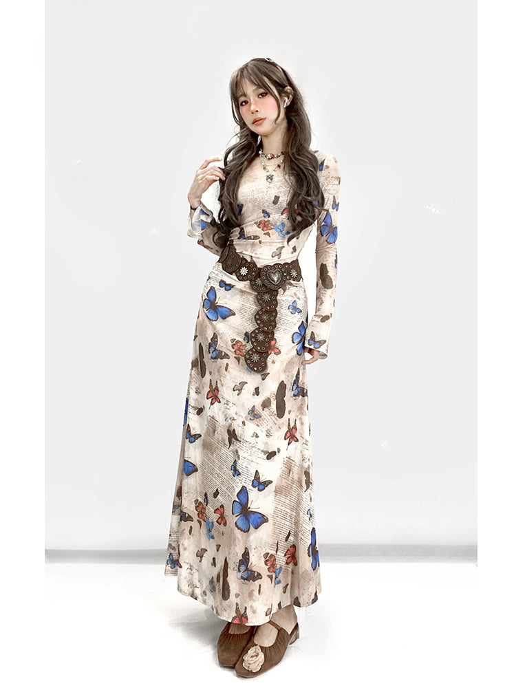 Millard Fashion Vintage Hellkaffeefarbenes Kleid mit Rundhalsausschnitt und Schmetterlingsraffung