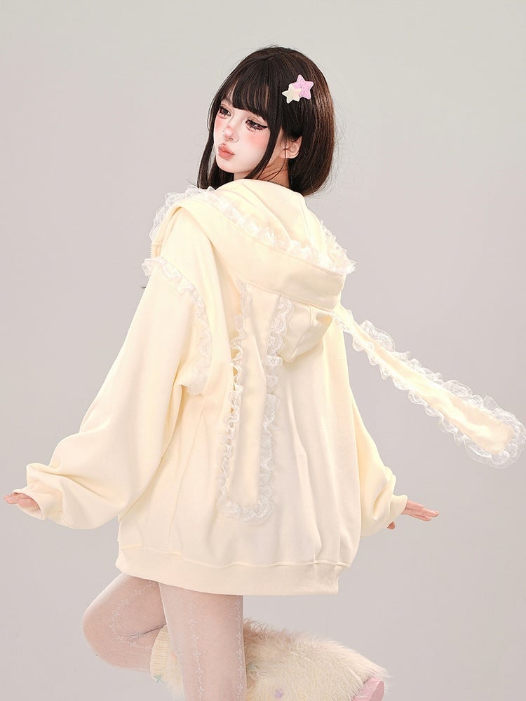 Blau/Apricot – Kapuzenjacke mit Spitzenbesatz und Hasenohren