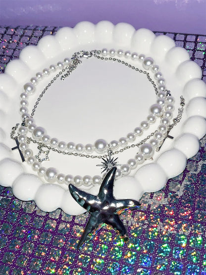 Cross Starfish And Chain Y2K Charms With Pearl Necklace Silver Meteor