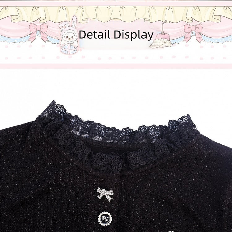 Sleeve And Black Knit Long Lace Details Fashion Kawaii Top With Gothic Embroidery