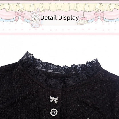 Sleeve And Black Knit Long Lace Details Fashion Kawaii Top With Gothic Embroidery