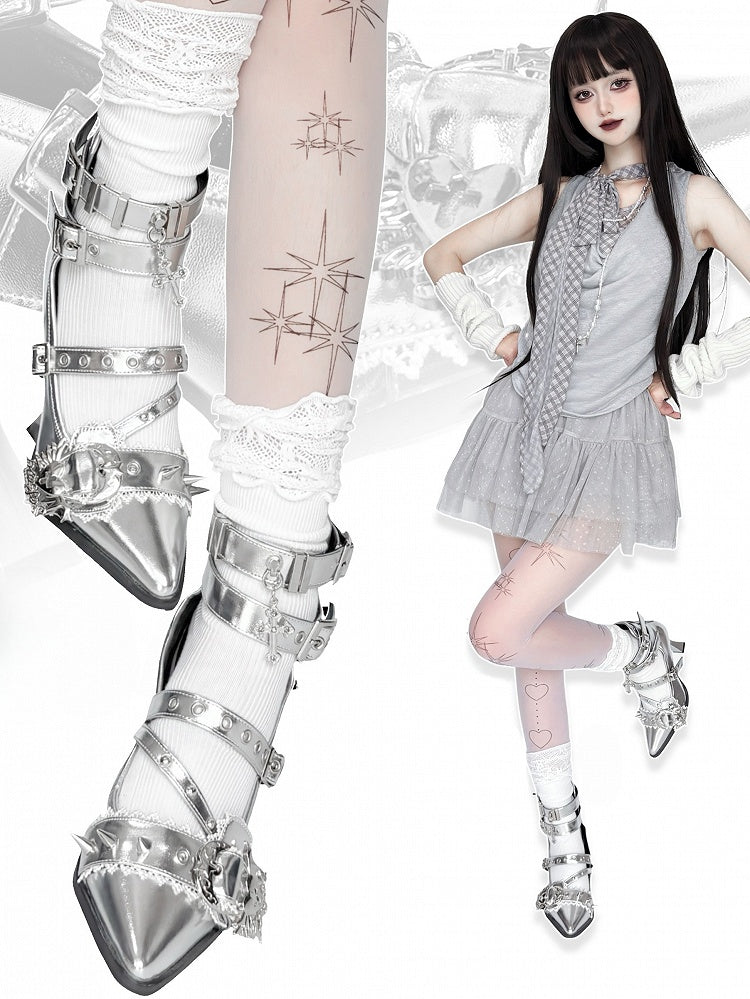 Stud Pointed High Heart Gothic - Toe Silver Heels Detailing Cone Buckle