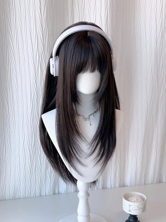 Black 70CM Wig with Straight Bangs Full