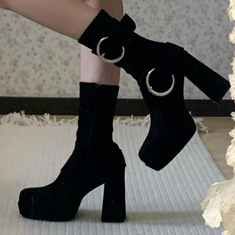 Toe Black Design Block Square Platform High Boots Heel with