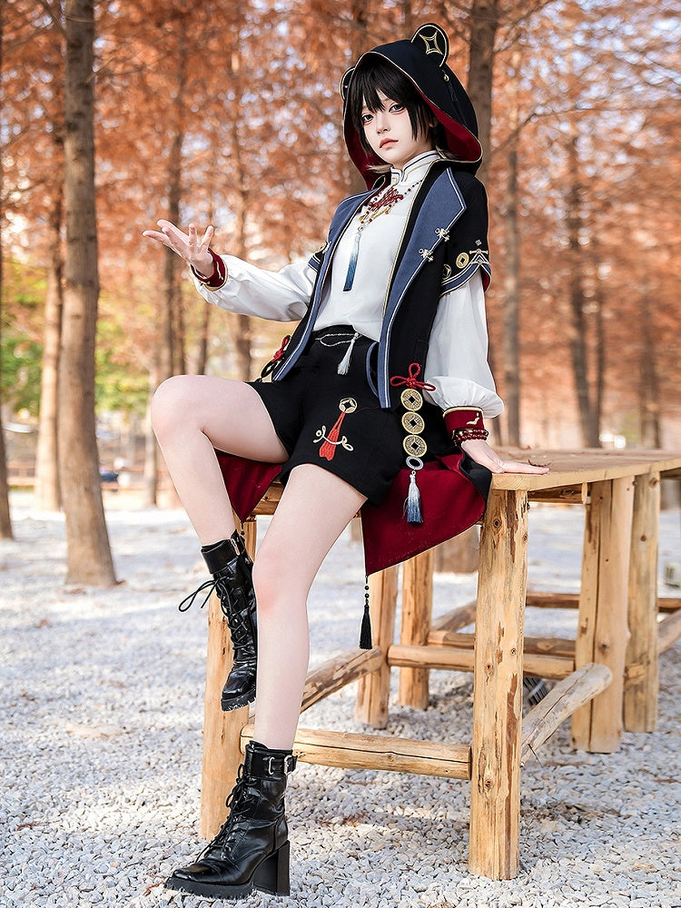 Black Ouji Fashion Chinoiserie Copper Coins Panda Ears Hooded Coat