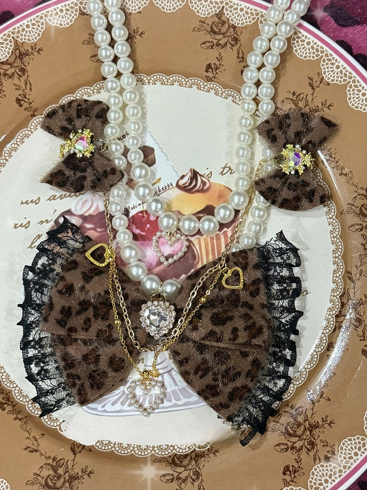Strass Farbe Anhänger Optionen Herz 4 Perlen Muster Und Bowknot Leopard Halskette