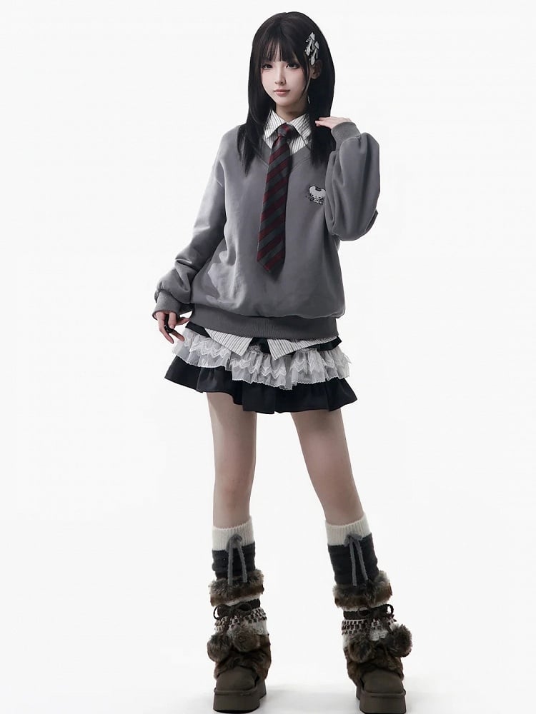 White Skirt Trim Lace Kawaii Elastic Black with Tiered Waistband