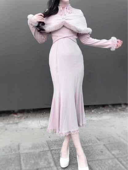 Kei Style Trim Innocent with Pink/Black Shoulder Fuzzy in Mermaid Dress: Jirai Knit Open Elegant