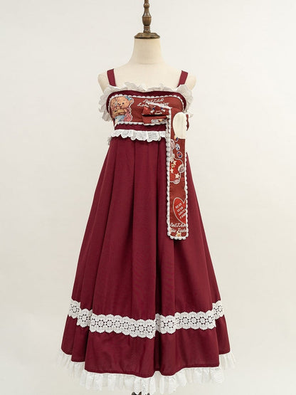 Wa Print + Bear Top Crossover Lace Dress Design Lolita Set Blue JSK Trimmed Red