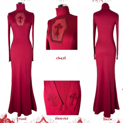 ゴシックレッドコフィンカットアウトクロスディテールハイネックマーメイドスカートマキシドレス