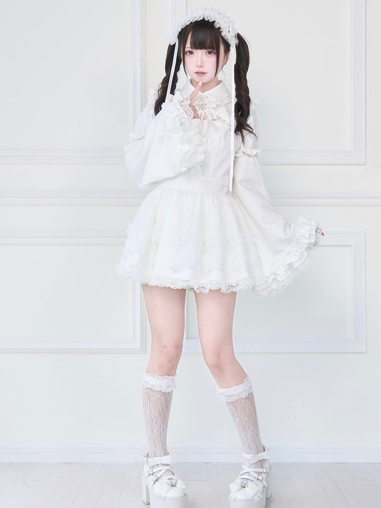 Gothic with Sleeves Skirt Bell Jirai Detachable Tiered Kei Dress White Lace