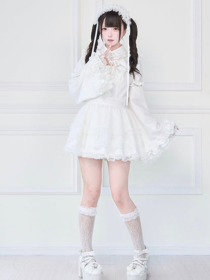 Gothic with Sleeves Skirt Bell Jirai Detachable Tiered Kei Dress White Lace