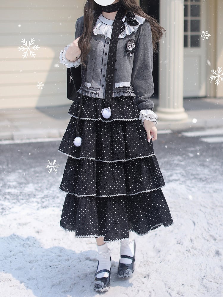 Tiered Dot Skirt Polka Tea Length Black