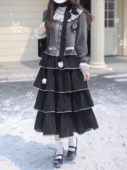 Tiered Dot Skirt Polka Tea Length Black