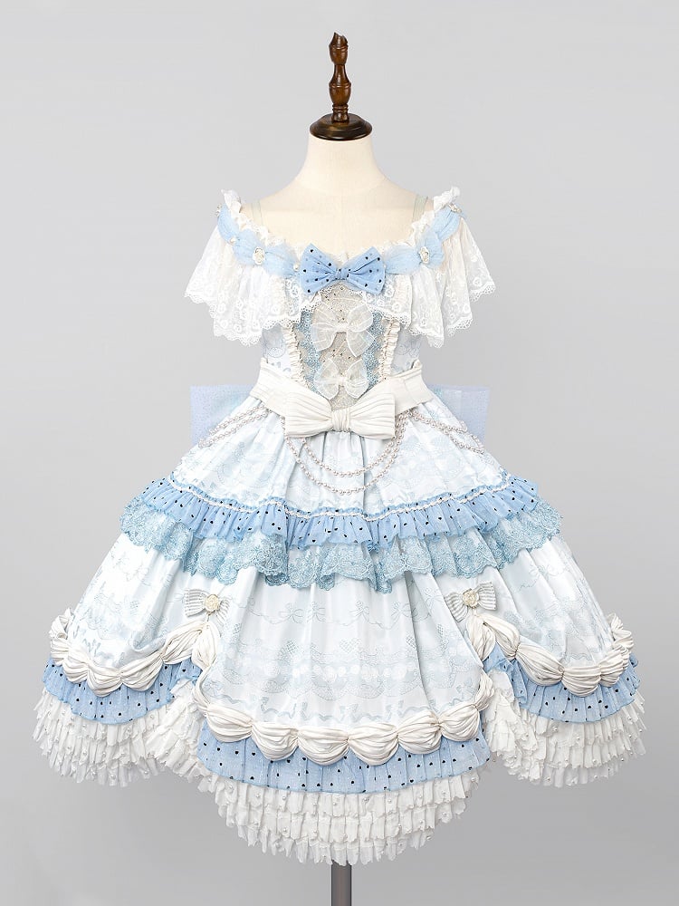 Hime Mini Veil KC Blue Hat Full Off + Cuffs Choker Dress Shoulder Wrist Set Lolita