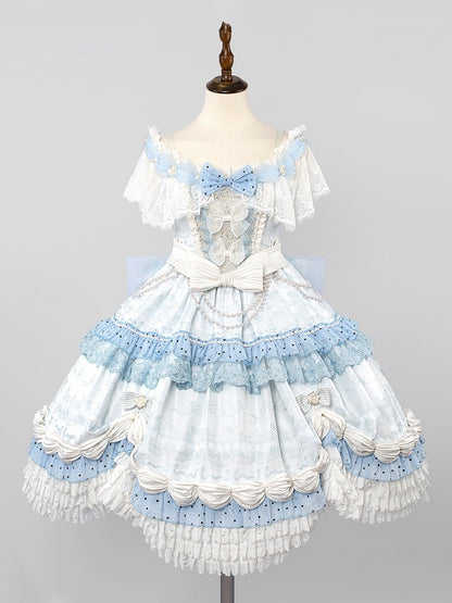 Hime Mini Veil KC Blue Hat Full Off + Cuffs Choker Dress Shoulder Wrist Set Lolita