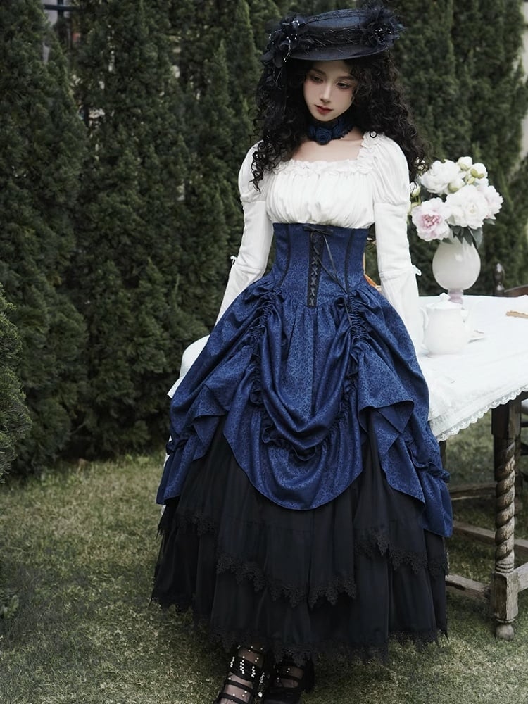 Boned Dark Lolita Bust Gothic High Skirt Blue Drawstring Waist Under