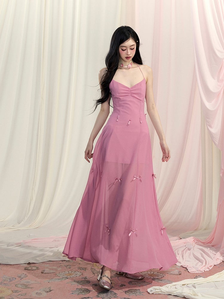 Chiffon Two V-Neck Bowknot Pink Dress Accents Ways Wear Halter Neck Backless Slip