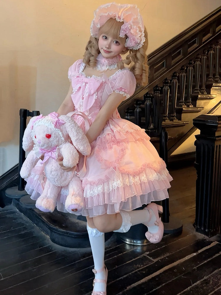 Pink Big Bowknot Bodice Princess Puff Sleeves Sweet Lolita Dress