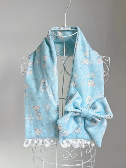 White / Black / Blue Bear and Snowflake Pattern Scarf