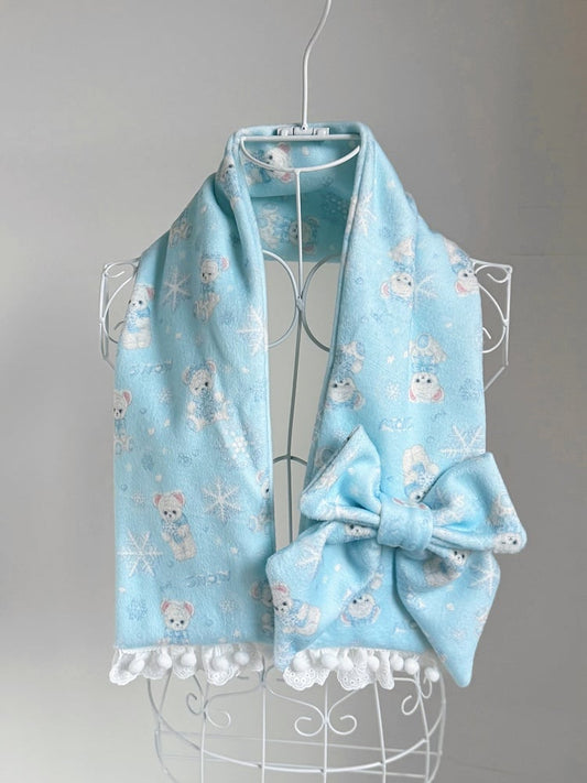 White / Black / Blue Bear and Snowflake Pattern Scarf