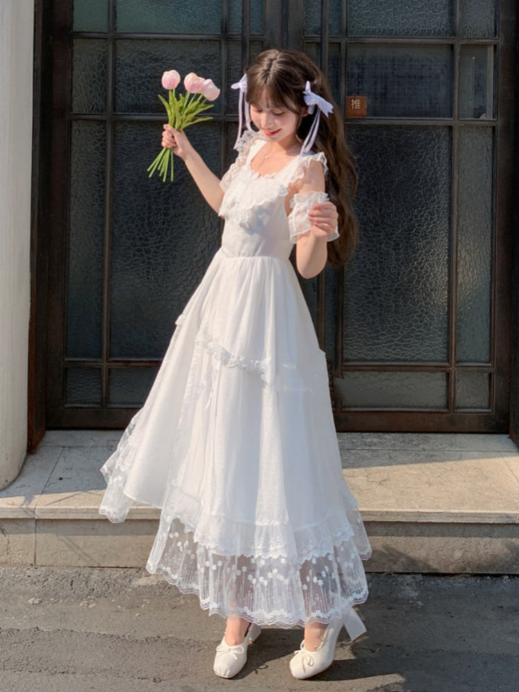 Mesh Overlay Detail with Sweet Dress White Flutter Sleeves Butterfly Neckline