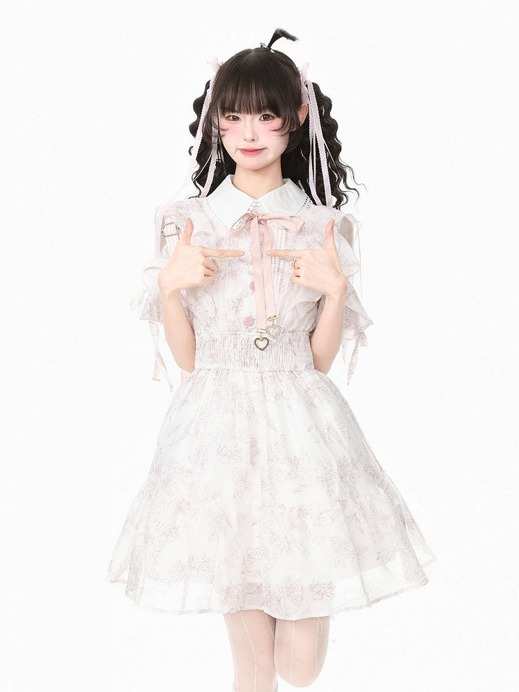 Light Pink Mesh Shoulder Cut-Out Dress with Ruffle Trim
