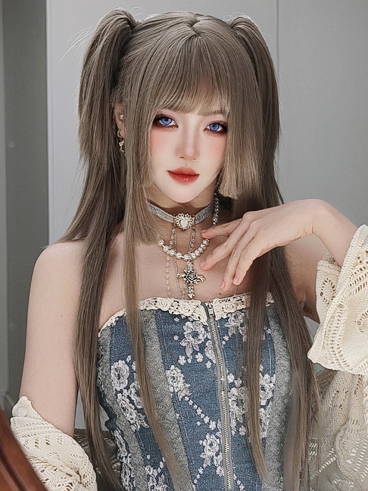 ライトブラウン姫カットロングストレート合成ウィッグ