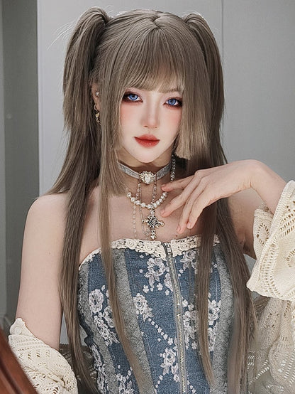 ライトブラウン姫カットロングストレート合成ウィッグ