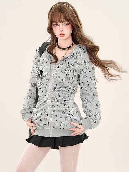 Grau/Apricot – Kitty – Kapuzenjacke mit durchgehendem Rüschendesign und Reißverschluss