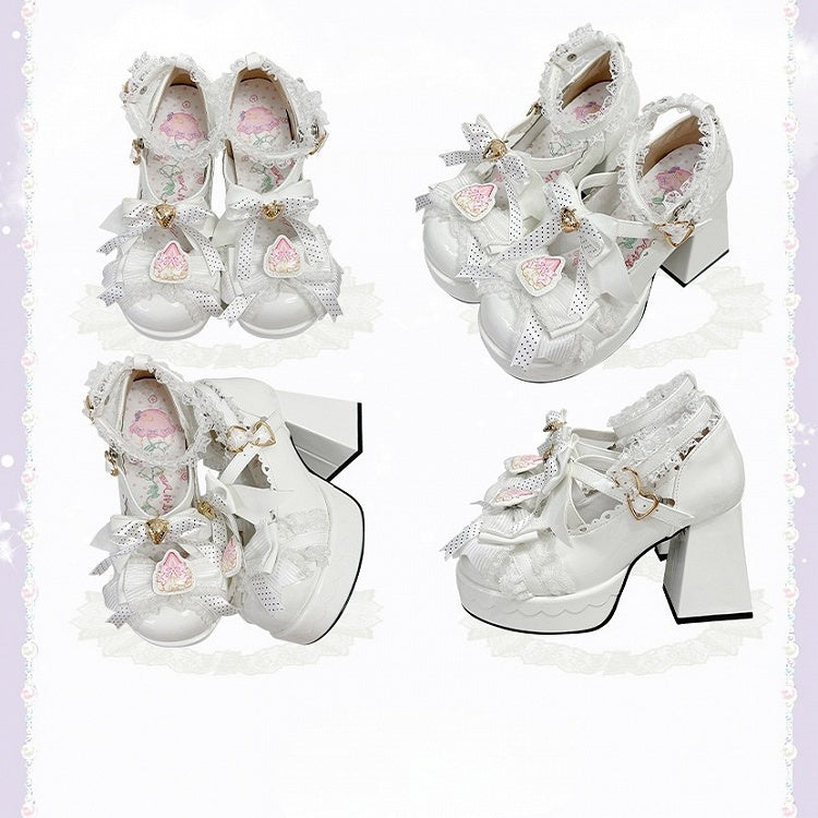 Janes Berry - Heart PU White High Block Mary Bow Fastener Polished Accented Customizable Heel in