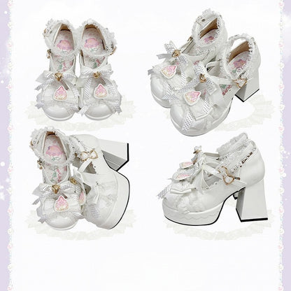 Janes Berry - Heart PU White High Block Mary Bow Fastener Polished Accented Customizable Heel in