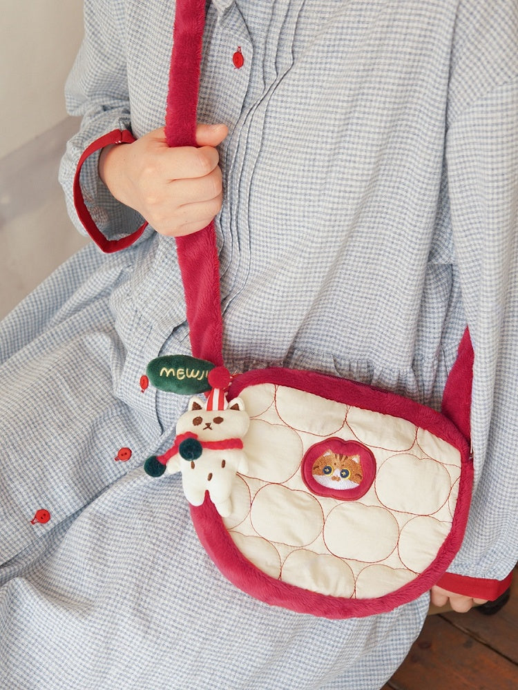 Cute Cat And Apple Pattern Red&White Crossbody Bag