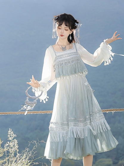 Square Neck Long Sleeve Han-Element Top in Light Blue with Tassel Dress Combo - Han Ru Chu Hanfu & Han-Element Studi