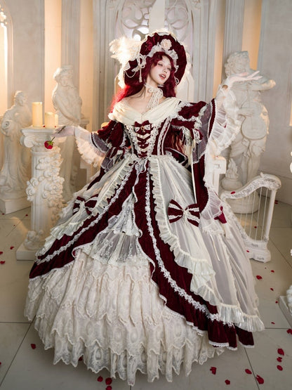 Ruffle High-low Lolita Red Shimmering Velvet Dress Cascading Hanayome and White