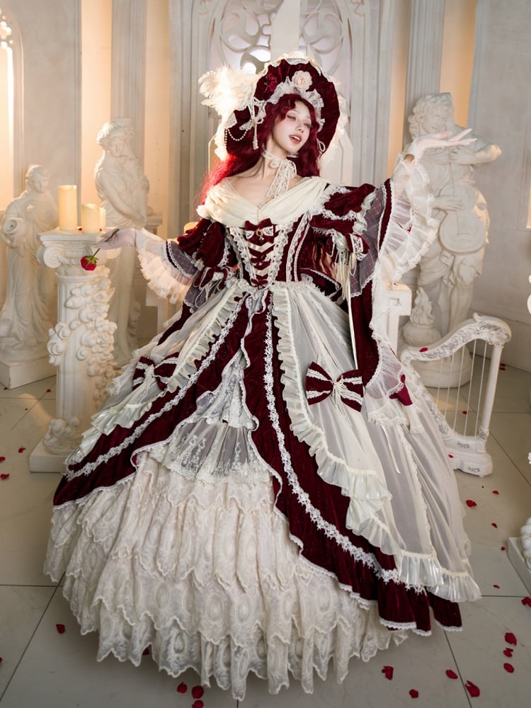 Hanayome Set Shimmering OP High-low and Velvet Lolita Gorgeous Full Dress White Red