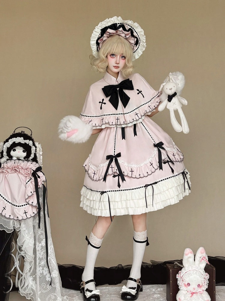 Short Sleeve Lolita OP with Cross Pattern & Ruffle Detail in Pink, Black Bow Accents - MUYU
