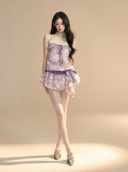 Lavender Oil Strap Tiered with Skirt Slip Dress Mini Painting Self-tie