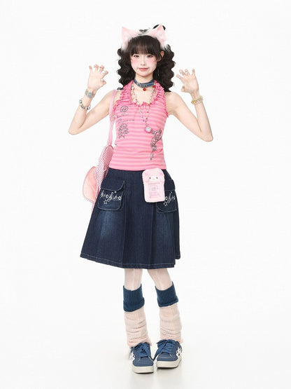 Pink Striped Tank Top with Ruffle Trim and Key Print - Languid Park