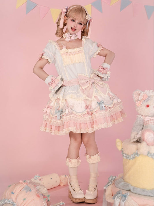 Waist Dropped Blue Sweet Bowknot Hem Dress Layered Details Lolita and Pink