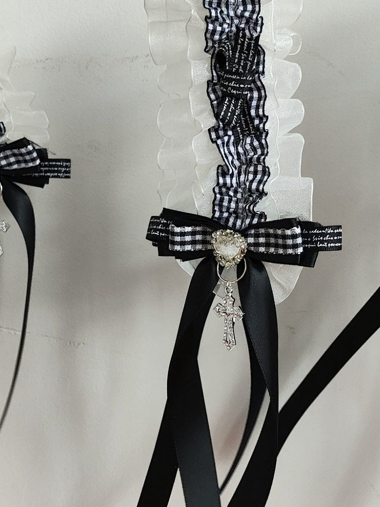 2-Tone Black & White Lace Hairband Rhinestone Cross