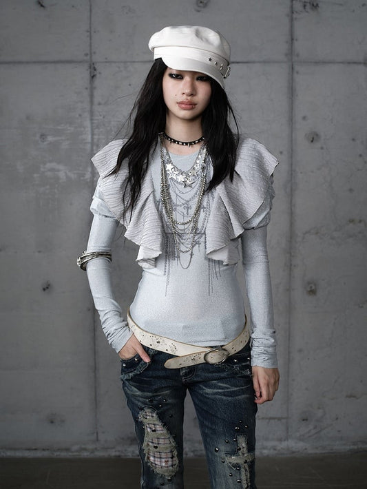 Chain Juliette Sleeves Flutter Blue Overlays Print Dusty with Top